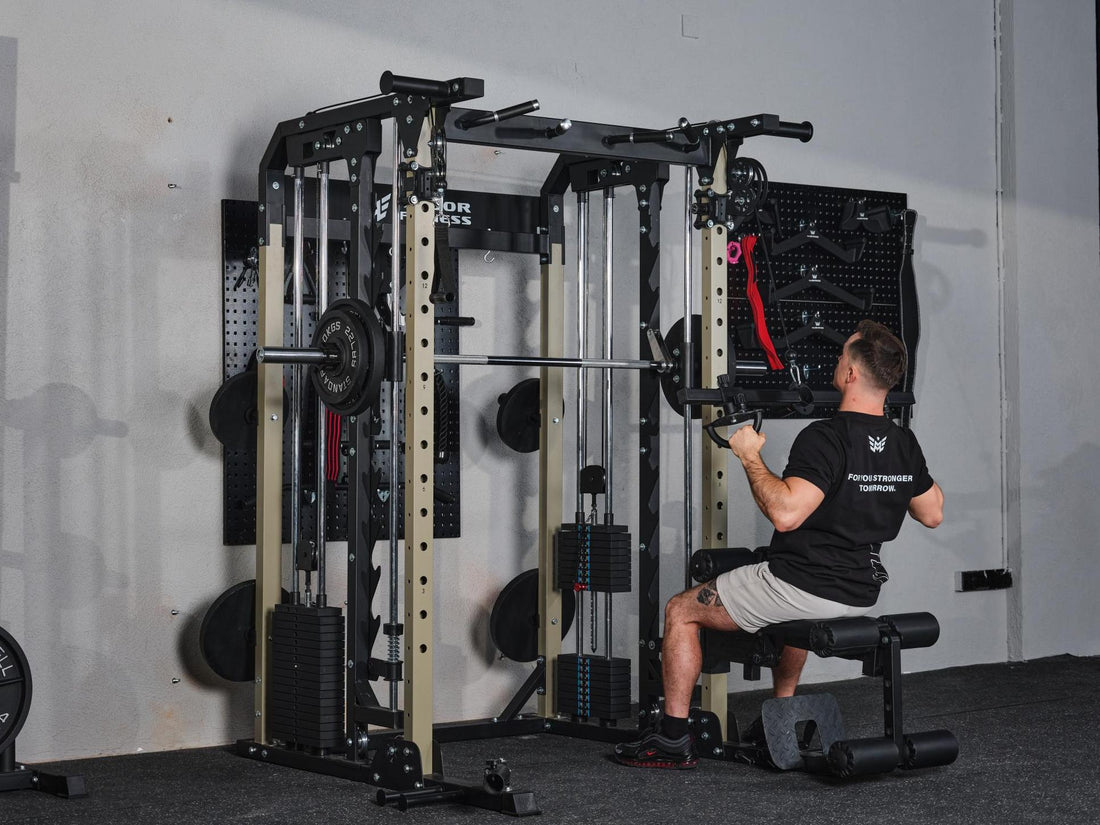 A man doing lat pulldown with Major Fitness B52